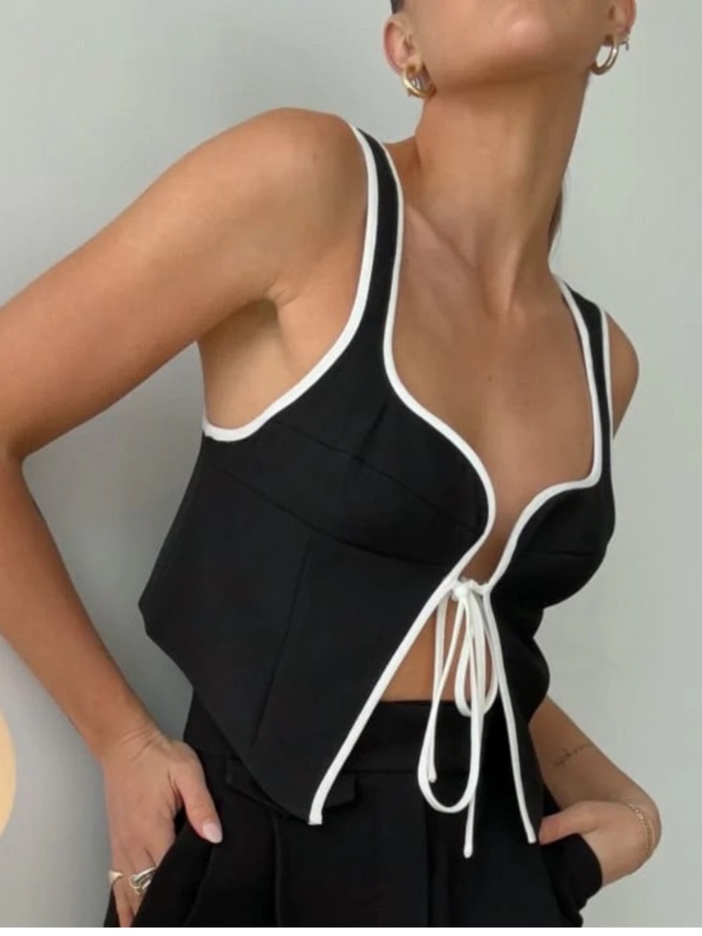 NWT Rumored Black Crop Tie Top with White Trim